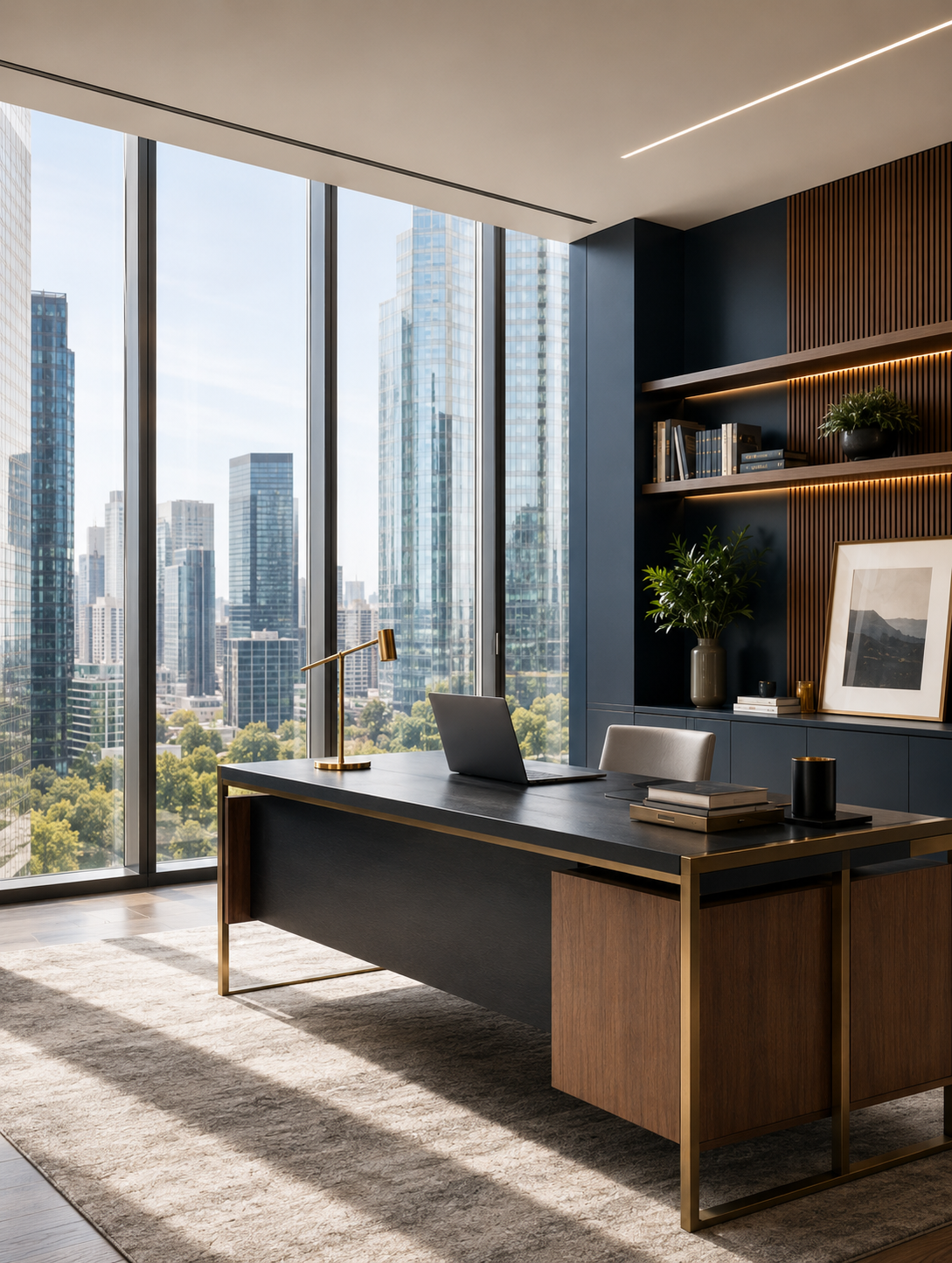 Escritório executivo contemporâneo com vista urbana